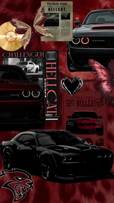 the black car is surrounded by red and gold wallpapers, including an angel Halloween Hellcat Doge Chalenger, Dodge Hellcat, Hellcat Redeye, Hellcat Car Aesthetic, black