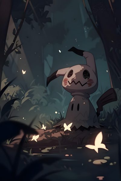 a cartoon rabbit sitting in the middle of a forest Halloween Mimikyu Mimikyu Avatar, Mimikyu Picture, Pokemon Pfp Mimikyu, Mimikyu Pfp Discord, dark slate gray