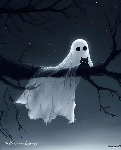 a ghost sitting on top of a tree branch with a cat in it's mouth Halloween Ghost Tree Ghost And Animal Art, Cute Grim Reaper, Grim Reaper Animal, dark slate gray