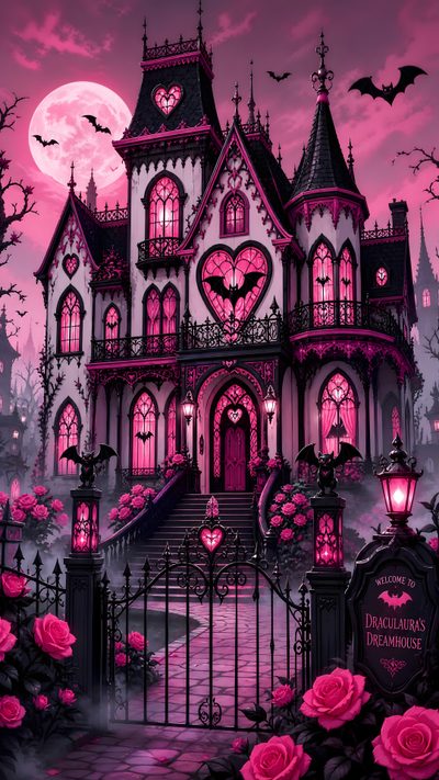 a halloween house with pink roses and bats in the front yard is lit up at night Monster High Halloween Draculaura, Monster High, Monster High Draculaura, dark slate gray