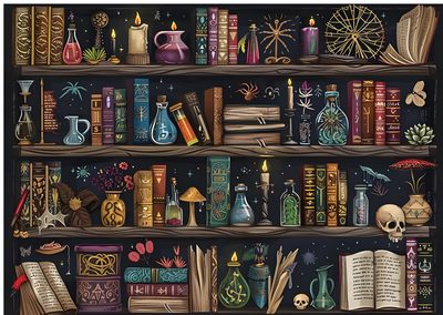 a book shelf filled with lots of books next to candles and other items on top of it Halloween Bookshelf Magic Shelves, Magical Bookshelf, Witchy Classroom, Fantasy Bookshelf Art, dark slate gray