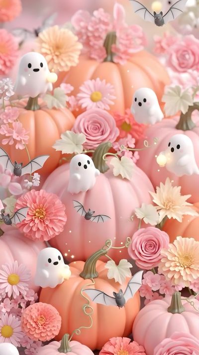 a bunch of pumpkins with flowers and ghost faces in the middle of them on a pink background Pink And Orange Halloween Cute Pink Halloween, Cute Pink Halloween Phone Background, Girly Halloween Iphone, tan