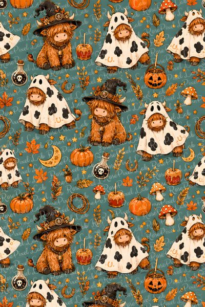 this is a very cute halloween pattern with bears and pumpkins on blue groundcloth Cow Halloween Halloween Highland Cow, Cottagecore Autumn, Fall Sewing, Fall Background, dim gray