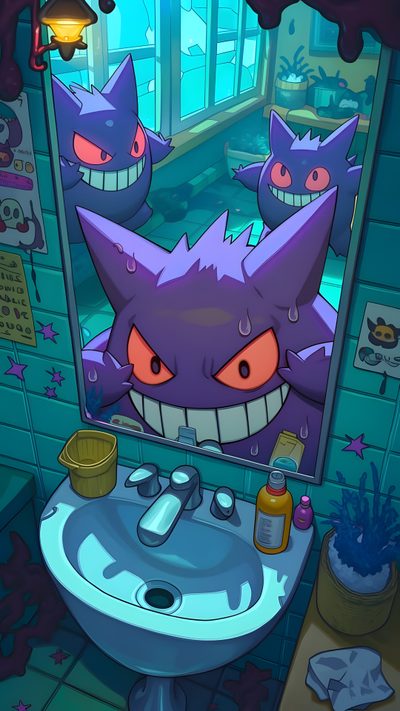 an image of a bathroom scene with monsters in the mirror and on the counter top Gengar Halloween Swampert Phone, Gengar Horizontal, Magikarp, Pokemon Gengar Art, dark slate gray