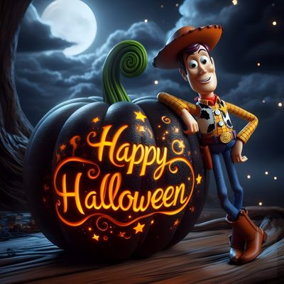 a cartoon character standing next to a pumpkin with the words happy halloween written on it Toy Story Halloween Halloween Images, Disney Phone Backgrounds, Halloween Pictures, Halloween, dark slate gray