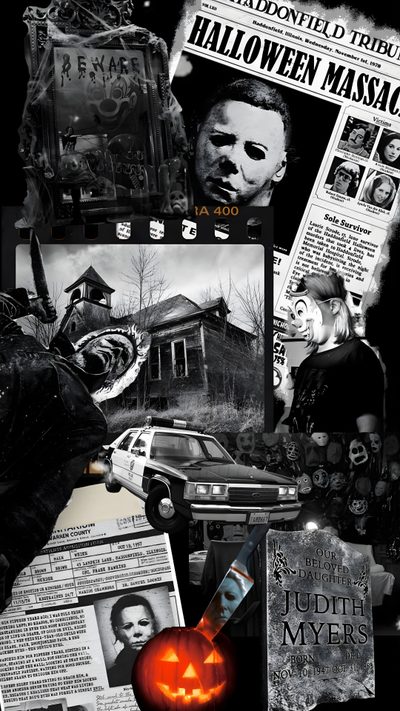 a collage of halloween images with pumpkins Halloween Michael Myers Aesthetic Lock Screen Iphone Lock Screen Michael Myers, Michael Myers Background, Michael Myers Phone, dark slate gray