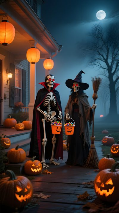 two skeletons dressed up in halloween costumes standing on a porch with pumpkins and lanterns Halloween Costumes Scary Halloween Pictures, Happy Halloween, Spooky Scary Skeletons Video, dark slate gray