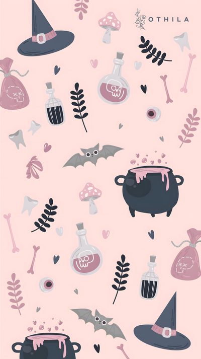 a pink and black pattern with witches, bats, and other items on the ground Cute Halloween Heart Pastel Halloween Iphone, Pastel Halloween Aesthetic, Pastel Pink Halloween Background, misty rose