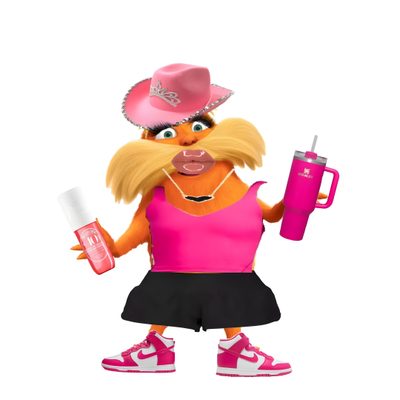 the muppet girl is holding a pink cup and water bottle in one hand, while she's wearing a pink cowboy hat Preppy Lorax Halloween The Lorax Activities, Lorax Costume, Dr. Seuss Book, Whiplash, Preppy, white
