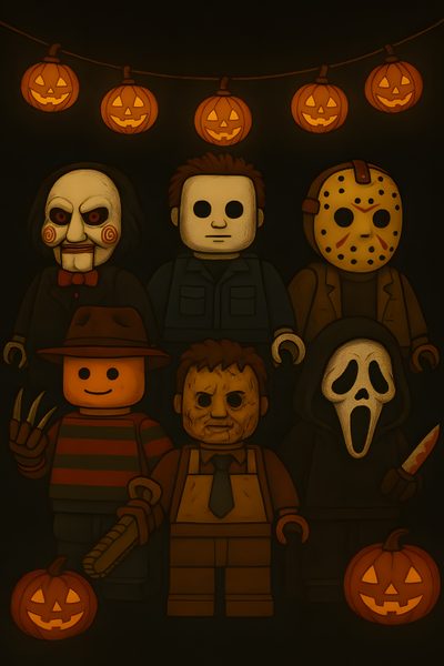 a group of lego figures standing next to each other in front of pumpkins and jack - o'- lanterns Halloween Lego Halloween Pictures, Halloween, Scary Movies, Phone, Lego, Memes, black