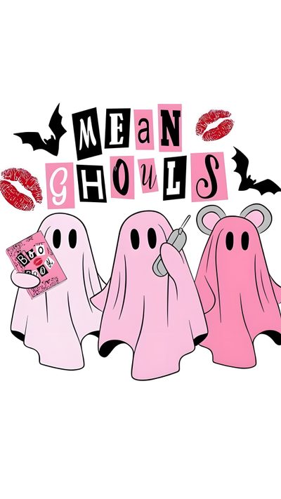 three pink ghost stickers with the words mean ghosts on them, and two women's lips Cute Halloween Mean Girls Maternity Leave, Halloween Make, Pink Halloween, Halloween, Halloween Girl, white