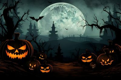 halloween pumpkins in front of a full moon with bats on the ground and trees Halloween Cave Halloween Ghost Image, Halloween Bg, Ipad Halloween Landscape, black