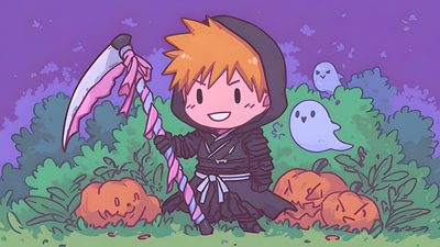 a cartoon character holding an umbrella next to pumpkins Bleach Halloween Ichigo Christmas, Bleach (anime, Ichigo Chibi Manga, Desktop, Halloween Desktop, gray