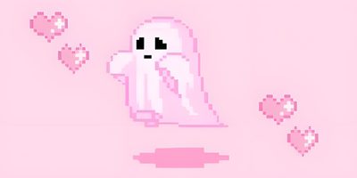 the ghost is flying through the air with hearts Pink Halloween Gif Pink Halloween Laptop, Pink Laptop Gif, Aesthetic Pink Pixel Background, misty rose