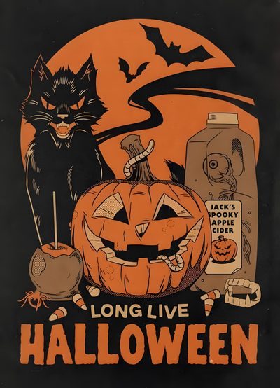 an orange and black halloween poster with a cat sitting next to a jack - o'- lantern Halloween Poster Halloween Wall Prints Aesthetic, Halloween Posters Aesthetic, Old Halloween Posters, dark slate gray