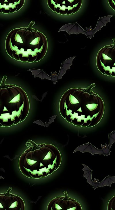 halloween pumpkins glowing in the dark with green eyes and bats around them on a black background Green Halloween Green Halloween Phone, Green Spooky Background, Aesthetic Green Halloween Background, black