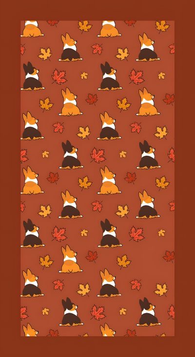 an orange and black dog pattern on a brown background with leaves in the foreground Halloween Corgi Pattern Corgi Phone, Cute, Phone, sienna