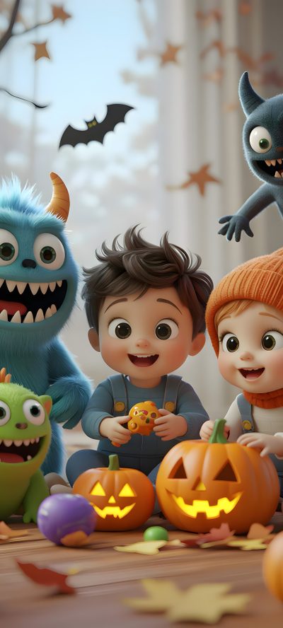 a group of children sitting on the floor in front of halloween pumpkins and monsters Baby Halloween Halloween Cartoon Iphone, Scary For Kids, Cute Halloween For Boys, Halloween Cartoon 4k, gray