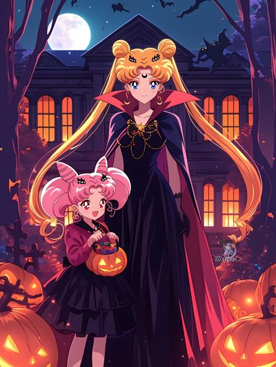two girls dressed up as witches in front of a house with pumpkins on the ground Sailor Moon Halloween Sailor Moon Halloween, Black Lady And Tuxedo Mask, Sailor Moon Black Lady, dark slate gray