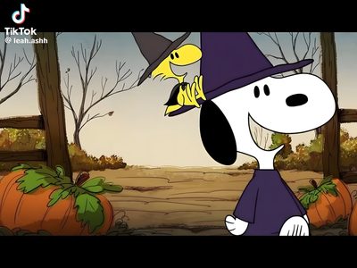 a cartoon dog wearing a witches hat and holding a pumpkin in front of an autumn scene Snoopy Halloween Gif Snoopy Halloween Gif, Peanuts Halloween Widget, Snoopy Halloween Desktop, dark olive green