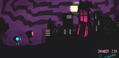 an image of a city at night with the moon in the sky and stars above it Invader Zim Halloween Invader Zim Banner, Invader Zim Background, Gir Invader Zim Pc, Invader Zim Bg, black