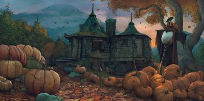 a painting of pumpkins on the ground in front of an old house and trees Hogwarts Halloween Desktop Geek House, Hagrids Hut, Harry Potter Painting, dark slate gray