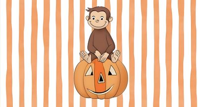 a monkey sitting on top of a jack o'lantern with stripes in the background Halloween Curios George Curious George, wheat