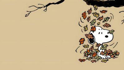 a cartoon dog is playing with leaves from a tree that has fallen to the ground Snoopy Halloween Macbook Snoopy Fall Desktop, Snoopy Fall Laptop, Snoopy Fall Macbook, tan