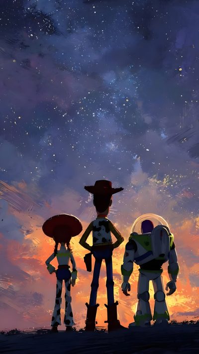 two cartoon characters are standing in front of an orange and blue sky with stars above them Toy Story Halloween Pixar, Birthday E-card, Disney Canvas Art, Disney, Toy Story Movie, dark slate gray