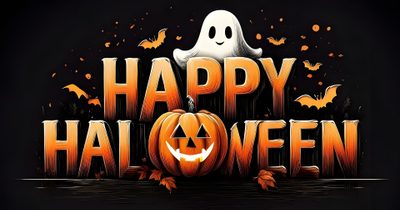 happy halloween greeting with pumpkins and ghost Happy Halloween Laptop Diy Halloween Decorations, Halloween Greeting Card Design, Halloween Party Invitation Ideas, black