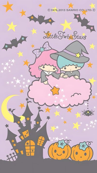 two cats sitting on top of a cloud with pumpkins in front of the castle Little Twin Stars Halloween Little Twin Stars Halloween, Sanrio Little Twin Stars, Kiki And Lala Halloween, thistle