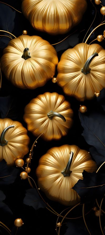 gold pumpkins and leaves on a black background Black And Gold Halloween Golden October, Black And Gold Halloween Background, Black And Gold Skull,