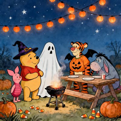 winnie the pooh, tigger, and piglet are having a halloween party Winnie The Pooh Halloween Desktop Winnie The Pooh October, Cartoon Halloween Aesthetic, Halloween Disney Characters, dark slate gray