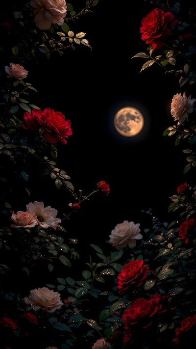 the full moon is shining brightly in the dark night sky with red and white flowers Moonlight Flowers Halloween Floral Night Aesthetic Moon And Rose, Moon And Rose Background, Moon And Roses Aesthetic, black