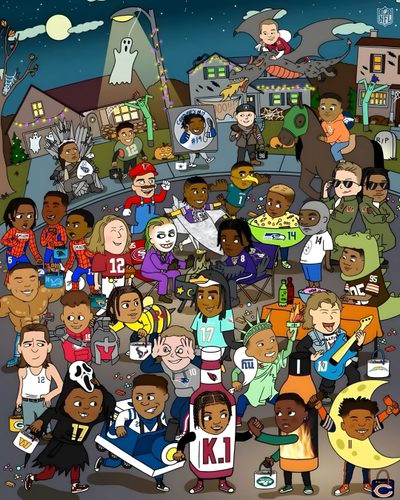 a large group of people standing together in front of a cityscape at night Halloween Nfl Cartoon Network Football Show, Animated Football Nfl, Nfl Cartoon Art, dim gray
