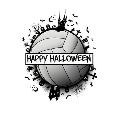 a volleyball ball with the words happy halloween on it and splatters around it Volleyball Halloween Halloween Party Decoration Ideas, Black And White Halloween Theme, Halloween Volleyball Design,