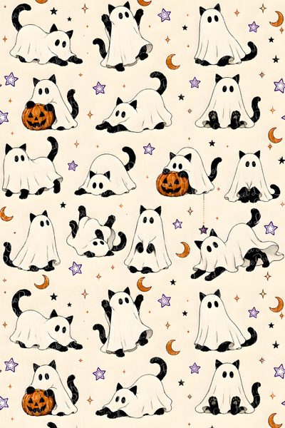 halloween ghost dogs and cats with pumpkins on white fabric by the yard for free spirit fabrics Halloween For Nursery Halloween Cats, Halloween Pattern, October, Happy Halloween Pictures, cornsilk