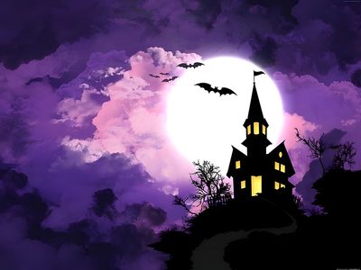 a spooky halloween house with bats flying over it Purple Halloween 4k Purple Halloween Castle, Spooky Castle With Bats, Spooky Bat And Castle Design, midnight blue