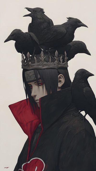 a man wearing a crown with crows on his head Itachi Uchiha Halloween Sasuke Akatsuki, Akatsuki Cosplay, Naruto Painting, Naruto Shippudden, dark slate gray