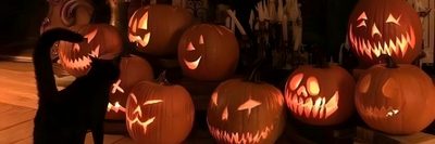 a black cat standing in front of carved pumpkins Halloween Facebook Cover Halloween Widget Pictures Medium, Halloween Desktop Aesthetic, Halloween Banner Aesthetic, maroon