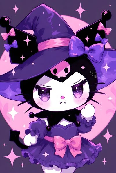 a cartoon character wearing a purple dress and hat with stars around her head, standing in front of a full moon Halloween Purple Halloween Cute Kuromi Halloween Backgrounds, Fall Artwork, Target Toys, dark slate blue