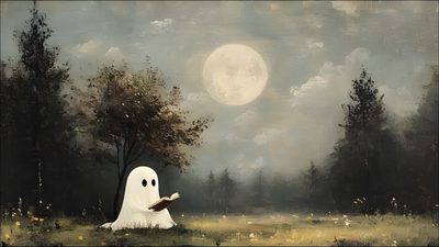 a painting of a ghost reading a book in a forest with the moon above it Halloween Ipad With Ghosts Halloween Laptop Aesthetic, Modern, Tablet, Desktop Spooky Desktop, Reading, gray