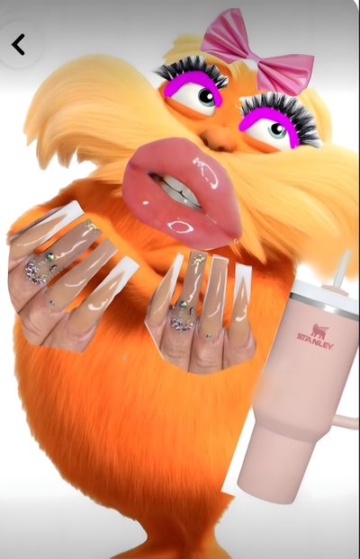 the lorax is holding a coffee cup with her hands on her hips and looking surprised Preppy Lorax Halloween The Lorax Diva, Preppy Lorax, Funny Lorax Pics, The Lorax Zesty, dark salmon