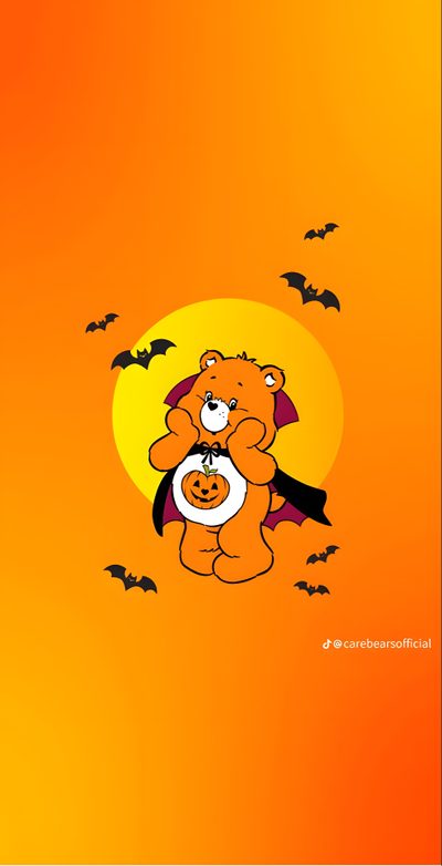 an orange halloween background with bats and a teddy bear holding a pumpkin in it's mouth Care Bears Halloween Care Bear Halloween Illustration, Cute Halloween Card Inspiration, Halloween Care Bear Art, dark orange