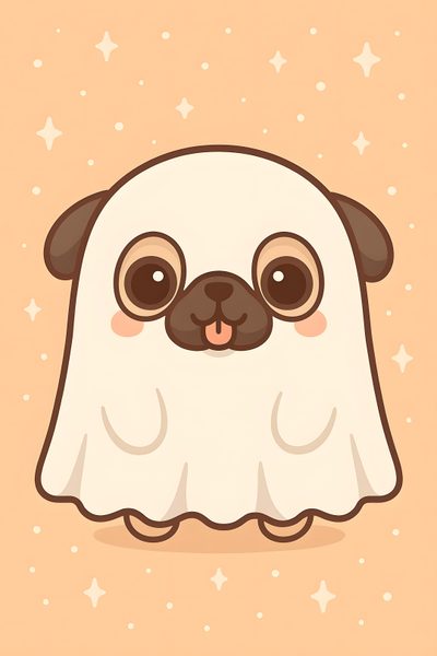 a cute little dog with big eyes and a white blanket on it's back Halloween Pug Halloween Pug, Kawaii Pug, Cute Pug Drawing, Pug Halloween Drawing, Pug Kawaii, navajo white