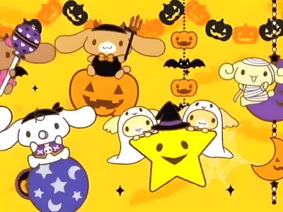 a group of cartoon characters with pumpkins and bats in the background, all dressed up for halloween Cinnamoroll Halloween Gif Cinnamoroll Halloween Gif, Hello Kitty And Friends Halloween Gif, Halloween Hello Kitty Gif, gold