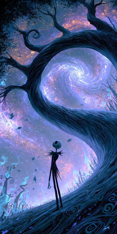 a painting of a person standing in front of a tree with swirls and stars Tim Burton Halloween Halloween Aesthetic Cartoon, Nightmare Before Christmas Background, Whimsical Goth, dark slate blue
