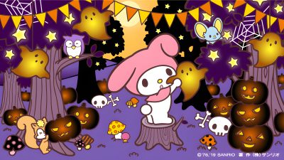 hello kitty in the woods surrounded by pumpkins and other halloween related items, with bunnies all around My Melody Halloween Hello Kitty Halloween Laptop, Sanrio Fall Laptop, Sanrio Fall Background, dim gray