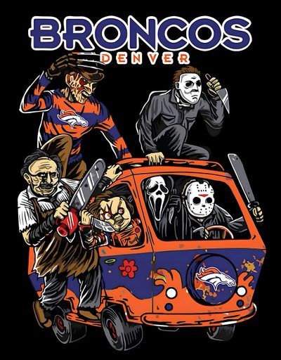 an orange car with three skeletons on it and the words bronco's denver Denver Broncos Halloween Broncos Halloween, Denver Broncos Image, Denver Broncos Halloween, black