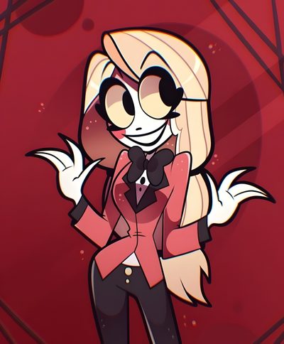 a drawing of a girl with long blonde hair wearing a pink shirt and black pants Happy Halloween Charlie Charlie The Icon, Charlie Morningstar Hazbin Hotel Portrait, Fanart Charlie Morningstar Fanart Pfp, brown